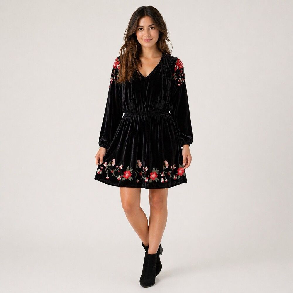 a.n.a. Womens Medium Dress Black Velvet Embroidery Flowers Tassels Boho Festival